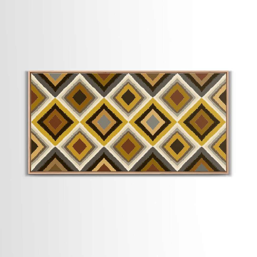 Brown Gold Gray Retro Diamond Pattern Canvas Print, Mid Century Modern Wall Art, Geometric MCM Decor For Living Room Office