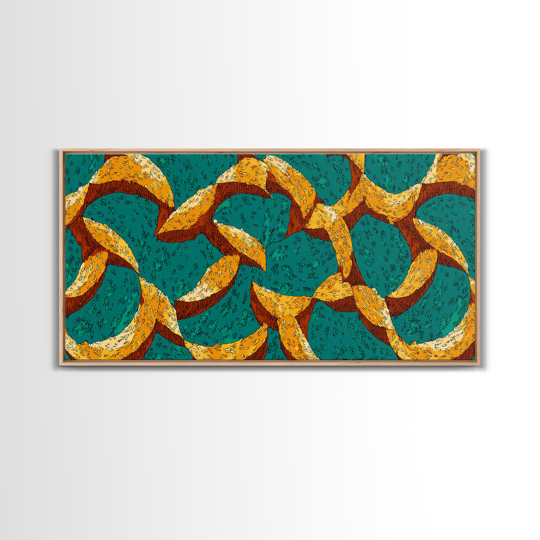 Teal And Mustard Boomerang Atomic Pattern Wall Art, Midcentury Modern Retro Print, Funky Geometric Decor For Home Office