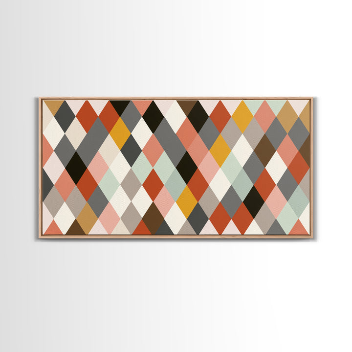 Pastel Orange Gray Harlequin Diamond Wall Art, Mid Century Modern Abstract Print, Geometric MCM Decor For Living Room Office
