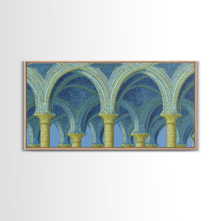 Blue Gold Mosaic Vaulted Arches Framed Canvas Print, Architectural Art, Modern Wall Decor, Midcentury Abstract Art, Blue Art Print