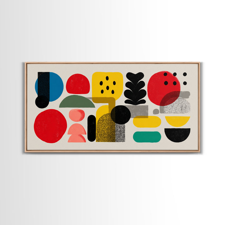 Playful Bauhaus Shapes And Plant Canvas Print, Midcentury Modern Wall Art, Colorful Abstract Decor, Modern Art Print, Home Office Art