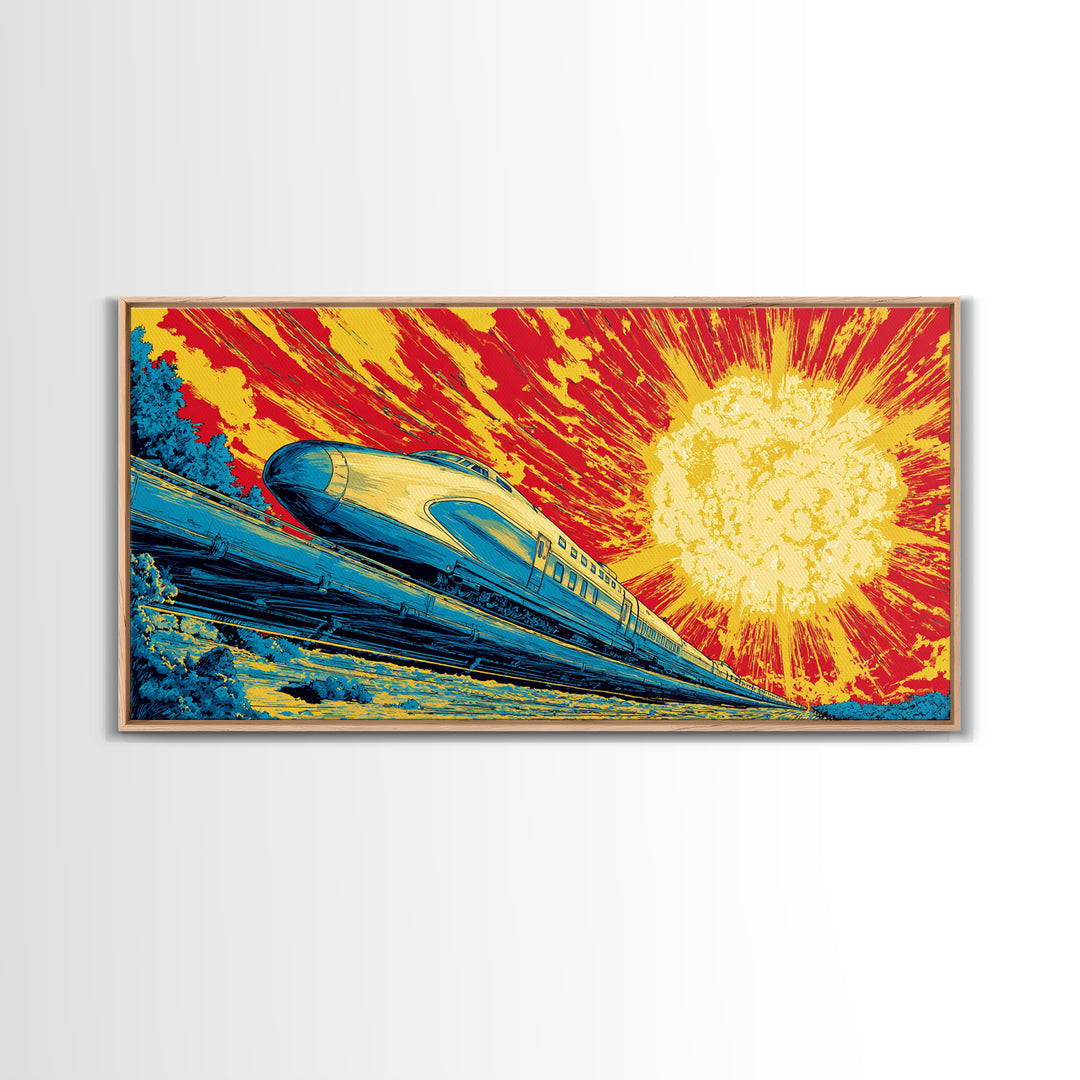 Streamlined Bullet Train Canvas Print, Blazing Solar Sky Poster, Retro Sci Fi Travel Art, Midcentury Modern Wall Decor, MCM