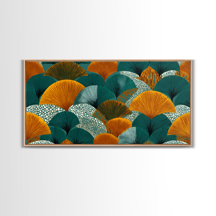 Ginkgo Fan Leaves In Teal Mustard And Aqua Canvas Print, Midcentury Modern Botanical Wall Art, Art Deco Pattern Decor Poster