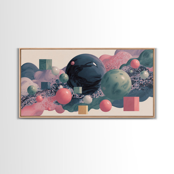 Pastel 3D Spheres And Abstract Cloudscape Framed Canvas Print, Midcentury Modern Wall Art, Retro Modern Home Decor, Gallery Wall Decor