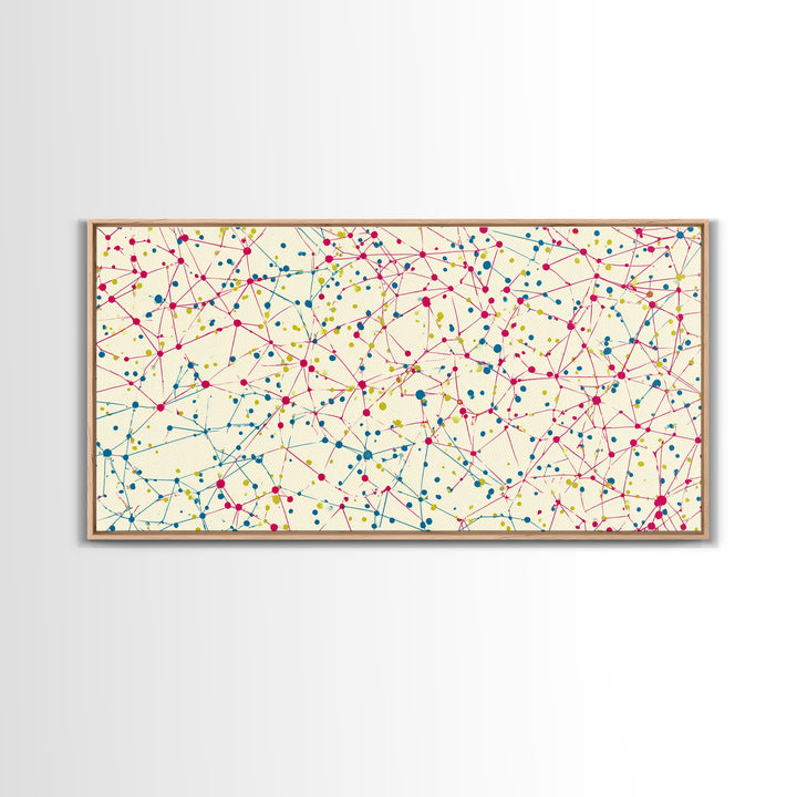 Pink Teal Yellow Connected Dot Pattern Canvas Print, Midcentury Modern Abstract Wall Art, Colorful Geometric Home Office Decor