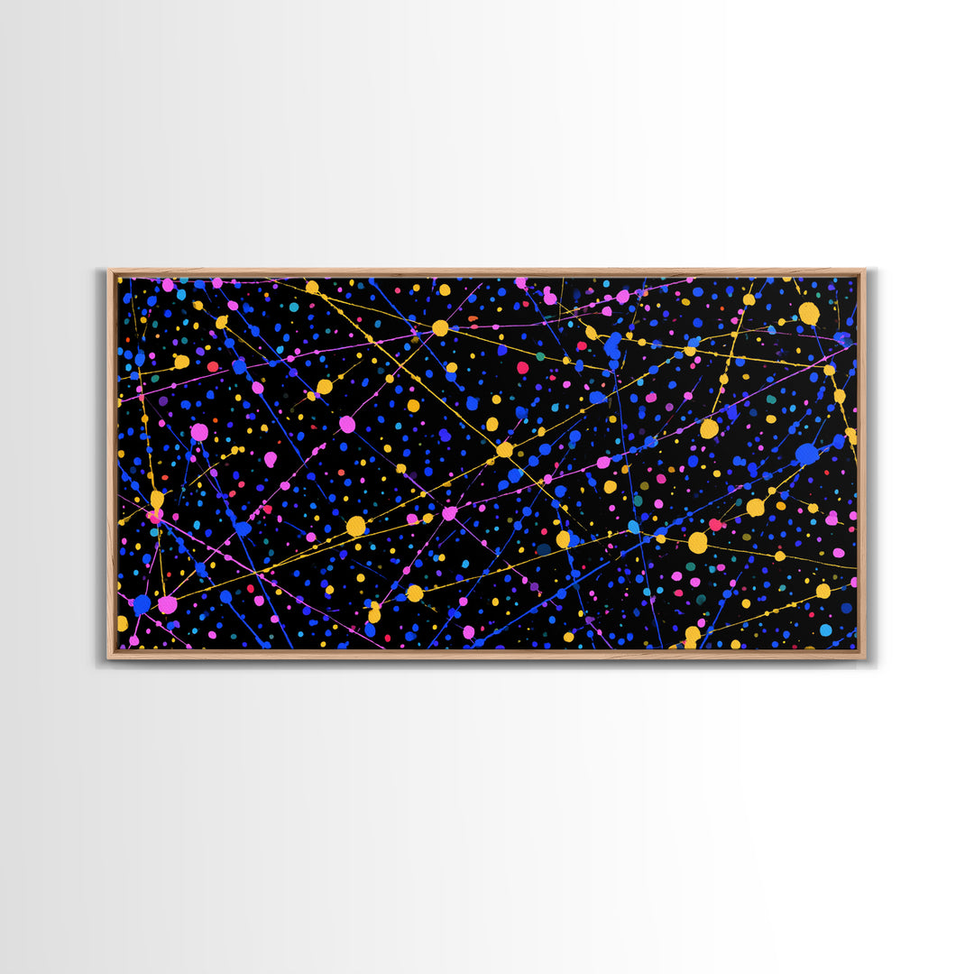 Black Cosmic Splatter Network With Pink Blue Gold Dots Wall Art, Retro Modern Abstract Art Print, Space Abstract Living Room Decor