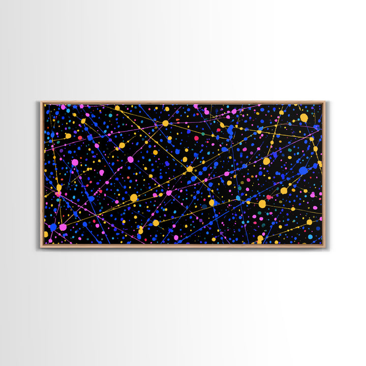 Black Cosmic Splatter Network With Pink Blue Gold Dots Wall Art, Retro Modern Abstract Art Print, Space Abstract Living Room Decor
