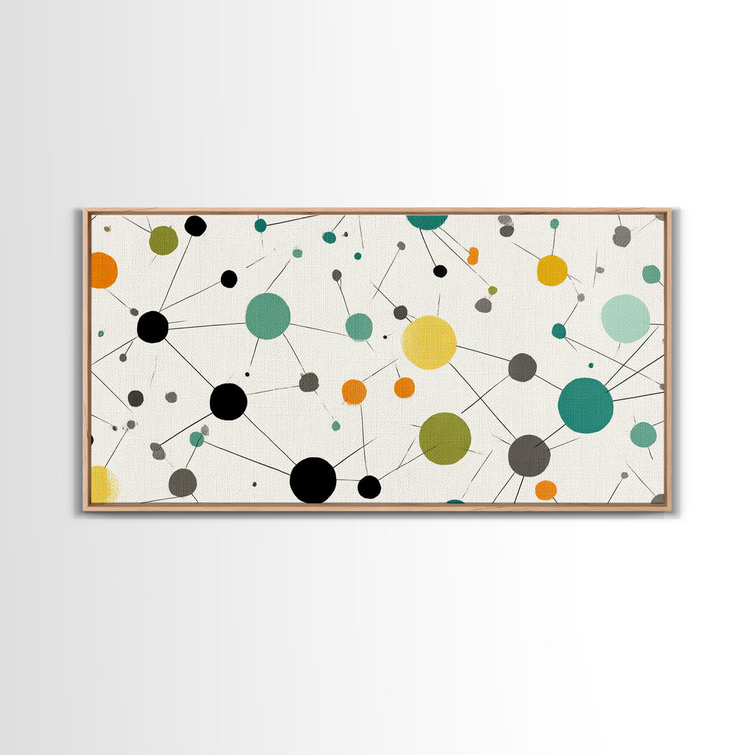 Teal Yellow Orange Atomic Circles Framed Canvas Print, Midcentury Modern Wall Art, Geometric Abstract Office And Home Decor