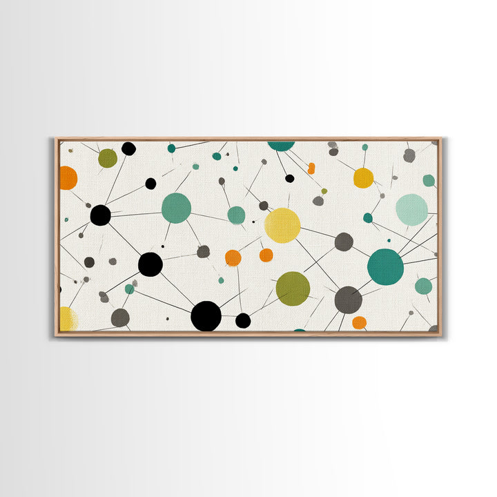 Teal Yellow Orange Atomic Circles Framed Canvas Print, Midcentury Modern Wall Art, Geometric Abstract Office And Home Decor