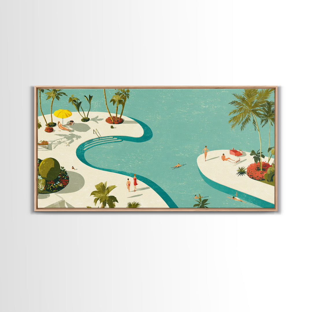 Retro Palm Resort Pool With Turquoise Lagoons Wall Art, Mid Century Modern Decor, MCM Travel Poster, Coastal Home Print Gift