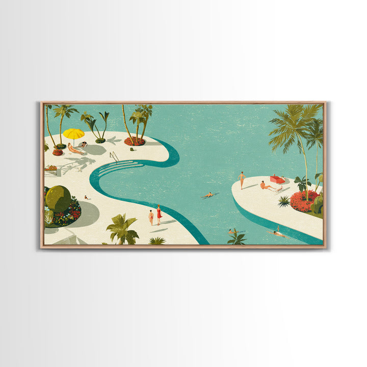 Retro Palm Resort Pool With Turquoise Lagoons Wall Art, Mid Century Modern Decor, MCM Travel Poster, Coastal Home Print Gift