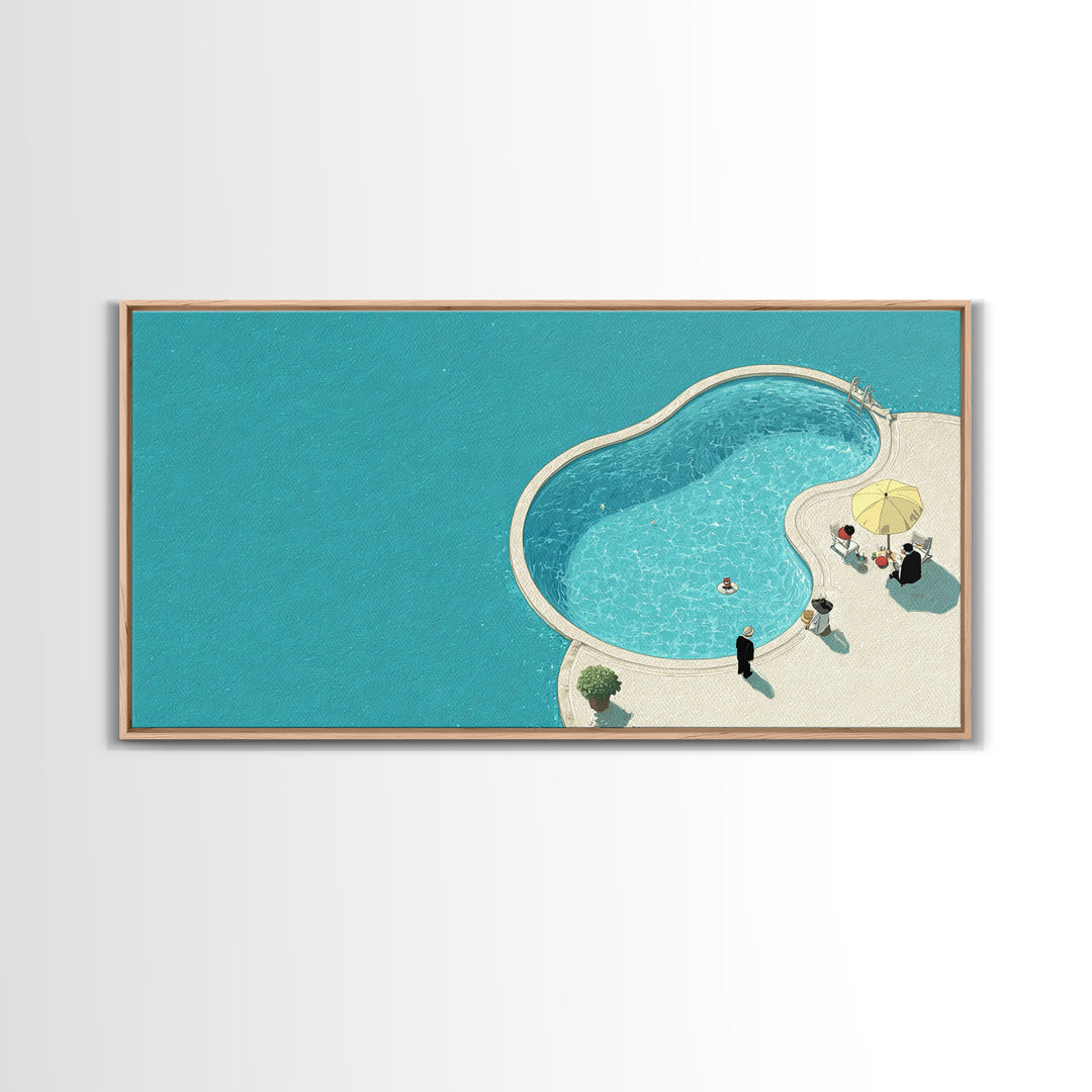 Minimal Aqua Kidney Pool With Umbrellas Canvas Print, Mid Century Modern Wall Decor, Retro Resort Poster, Coastal Pool Art