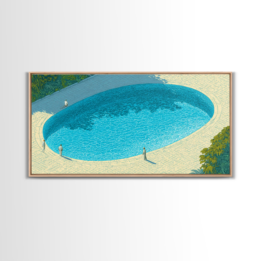 Oval Blue Swimming Pool And Garden Wall Art, Mid Century Modern Decor, Minimalist Coastal Print, Retro Summer Poster, Home Decor