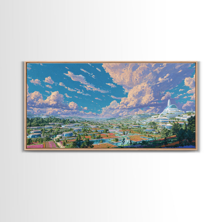 Futuristic Eco City Under Big Clouds Canvas Print, Sci Fi Landscape Wall Decor, Modern Utopia Poster, Panoramic Home Art