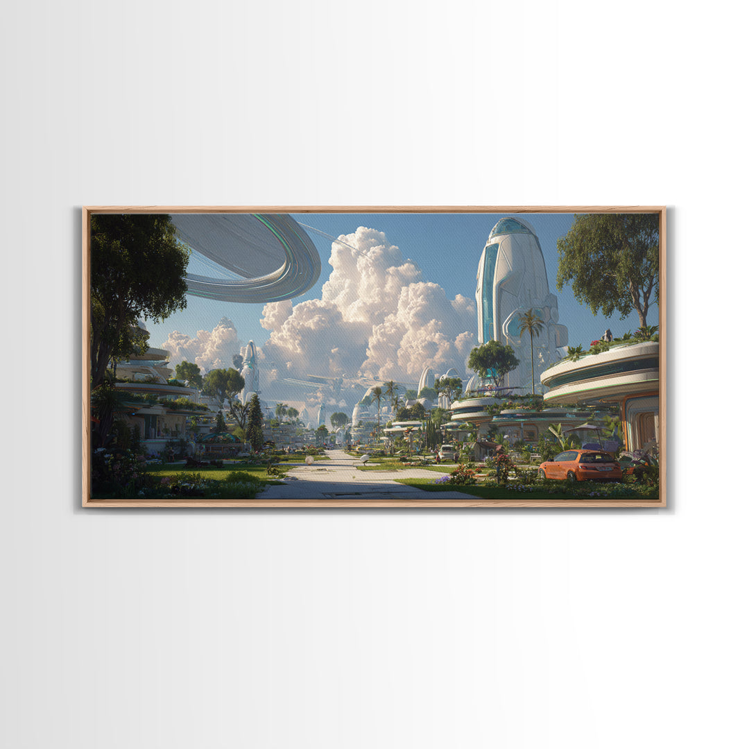 Futuristic Garden City With Rings And Towers Canvas Print, Sci Fi Wall Decor, Modern Landscape Poster, Eco Utopia Home Art