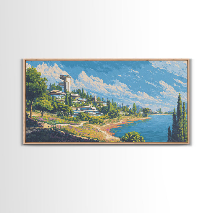 Sunny Lake Como Futuristic Villas Framed Canvas Print, Midcentury Modern Wall Art, Scenic Travel Poster, Blue Home Decor Print