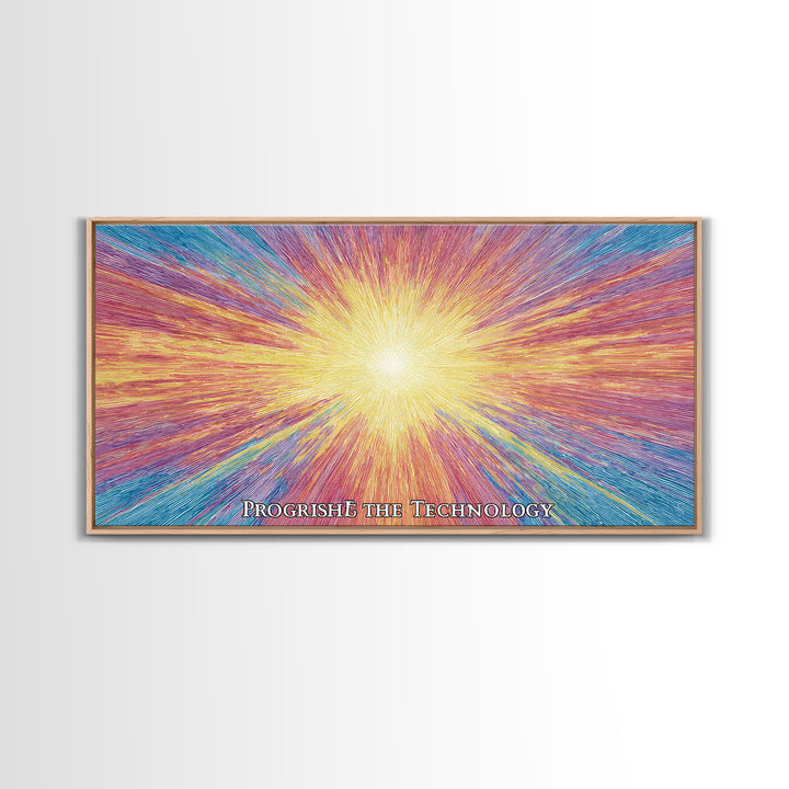 Golden Progress Technology Sunburst Wall Art, Psychedelic Op Art Print, Retro Futuristic Poster, Colorful Office Decor Gift