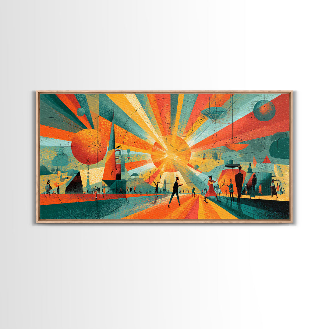 Futuristic Orange Teal City Plaza Framed Canvas Print, Atomic Midcentury Modern Wall Art, Geometric Retro Decor Poster Print