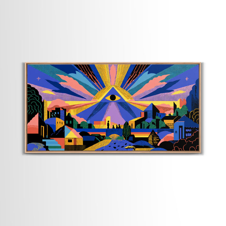 All Seeing Eye Over Colorful City Wall Art, Spiritual Midcentury Modern Print, Psychedelic Retro Poster, Mystical Decor Gift