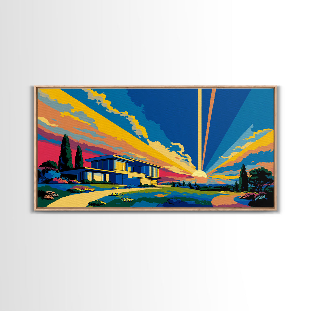 Modernist Home At Sunset Framed Canvas Print, Midcentury Modern Wall Art, Palm Springs Architecture Decor, MCM Poster Print