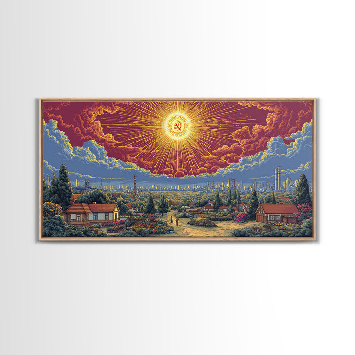Radiant Socialist Sunrise Over Garden City Wall Art, Retro Futurist Poster, Midcentury Modern Decor, Bold Landscape Print