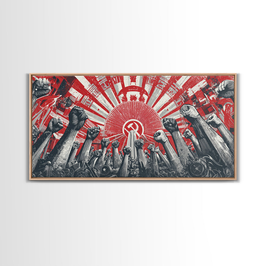 Raised Fists Revolutionary Sunburst Wall Art, Red Black Retro Poster, Midcentury Modern Decor, Bold Graphic Protest Print