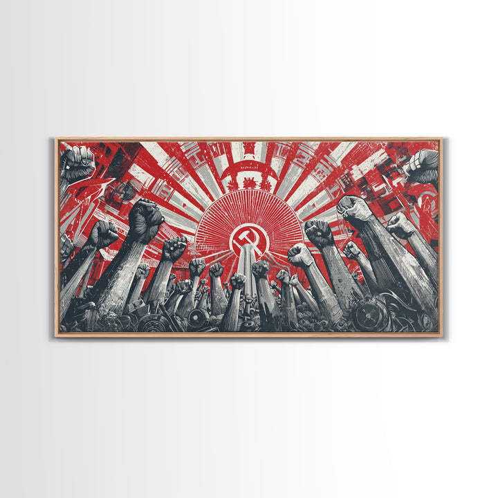 Raised Fists Revolutionary Sunburst Wall Art, Red Black Retro Poster, Midcentury Modern Decor, Bold Graphic Protest Print