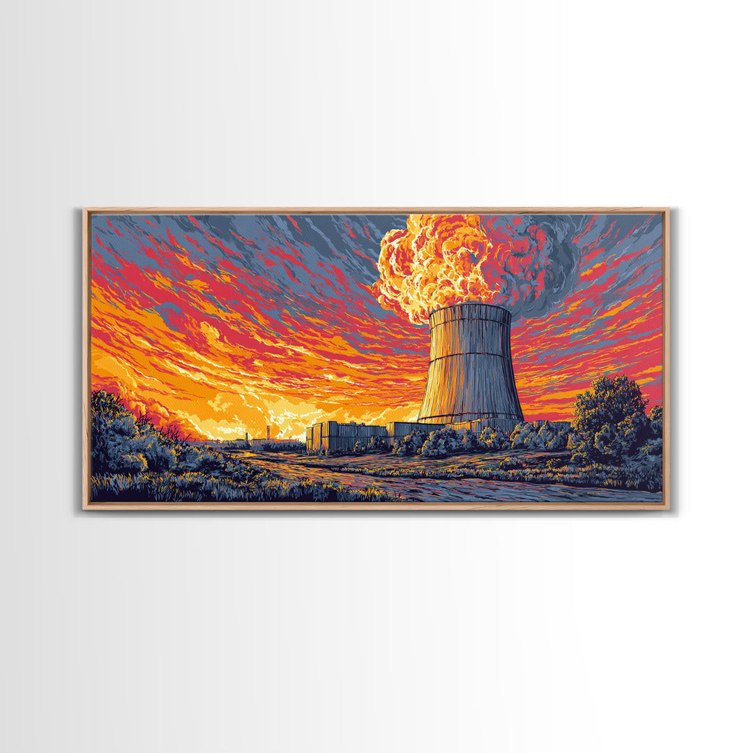 Fiery Nuclear Cooling Tower Sunset Canvas Print, Industrial Retro Futurist Poster, Midcentury Modern Wall Decor, Orange Sky Art