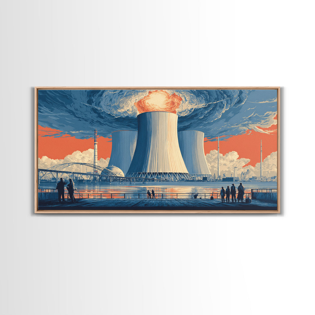 Waterfront Nuclear Power Station Framed Canvas Print, Retro Futurist Industrial Poster, Midcentury Modern Wall Art Decor