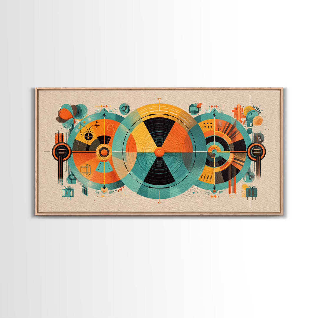 Abstract Atomic Circles And Teal Orange Geometry Wall Art, Bauhaus Midcentury Modern Decor, Retro Geometric Poster Print