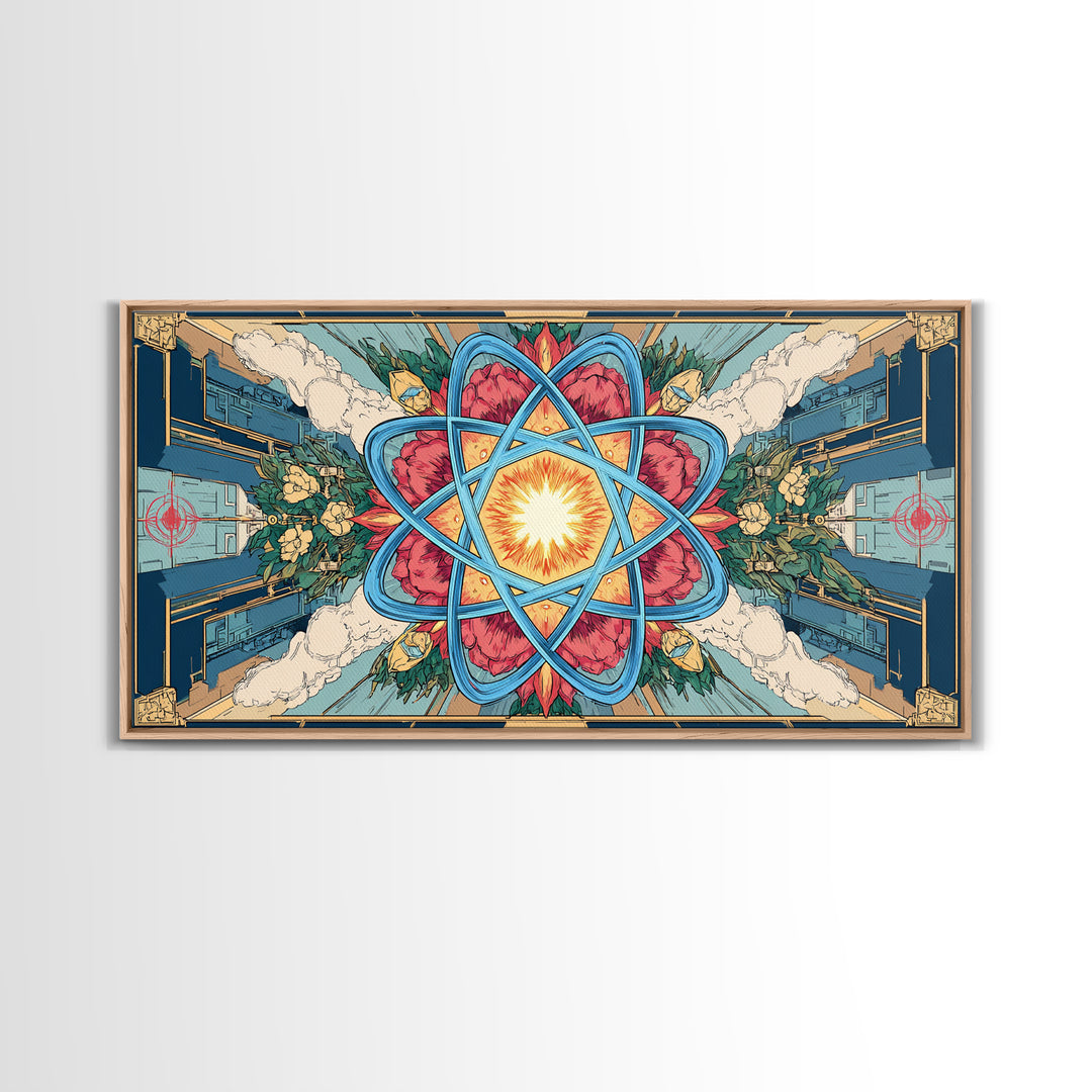 Ornate Atomic Starburst Kaleidoscope Framed Canvas Print, Symmetrical Retro Futurist Poster, Midcentury Modern Wall Art Decor