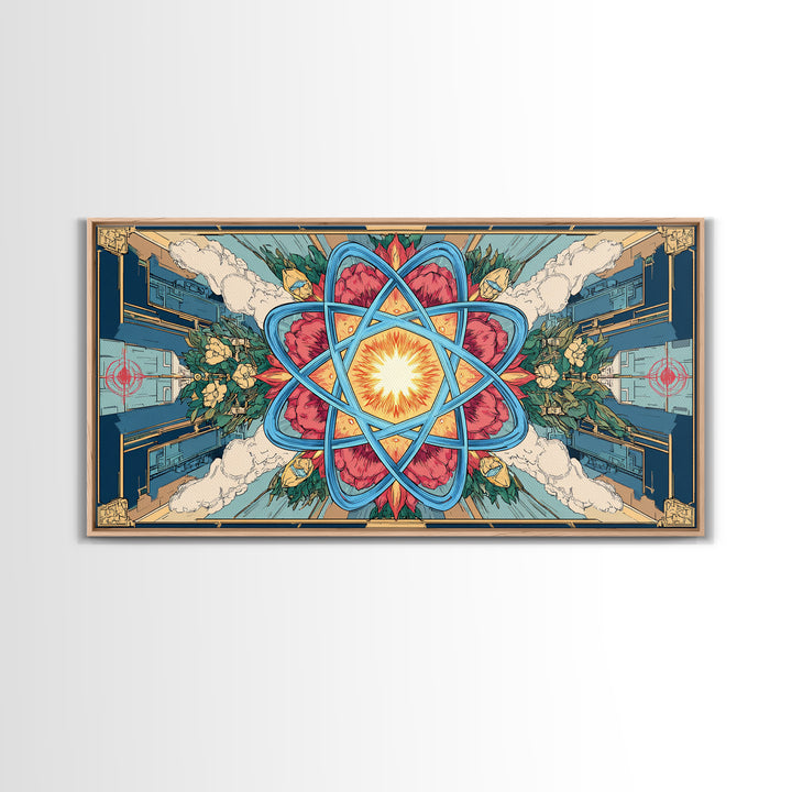 Ornate Atomic Starburst Kaleidoscope Framed Canvas Print, Symmetrical Retro Futurist Poster, Midcentury Modern Wall Art Decor