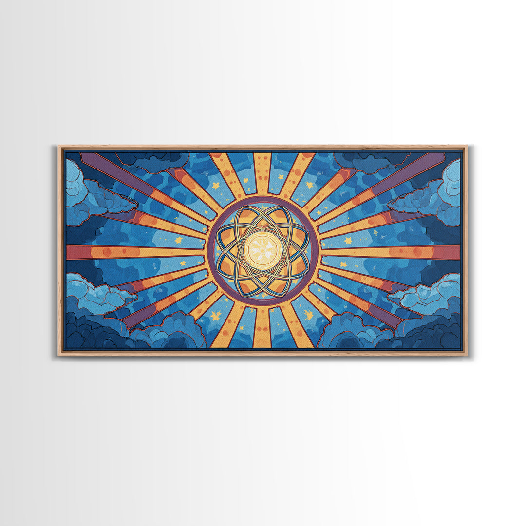 Celestial Atomic Starburst In Blue Clouds Canvas Print, Retro Futurist Midcentury Modern Wall Art, Geometric Poster Decor