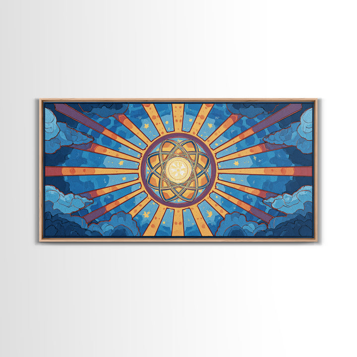 Celestial Atomic Starburst In Blue Clouds Canvas Print, Retro Futurist Midcentury Modern Wall Art, Geometric Poster Decor