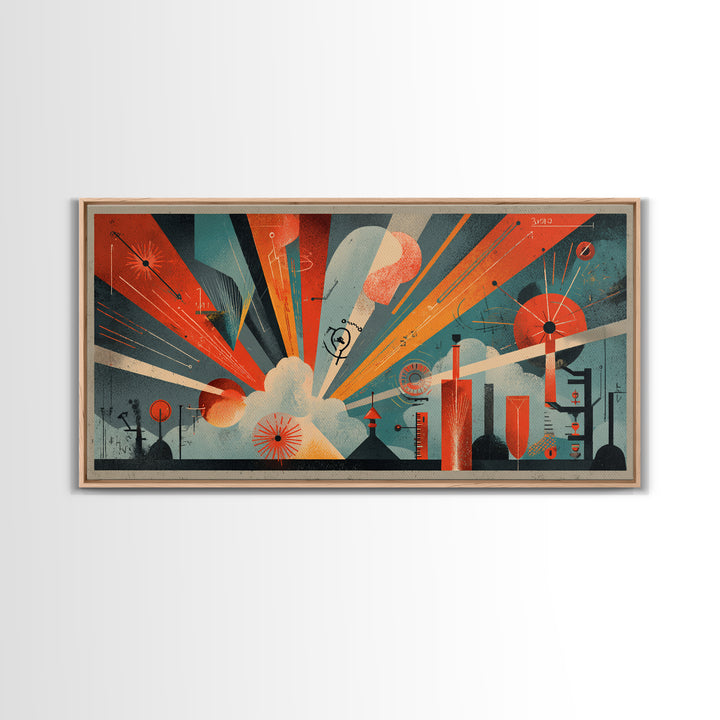 Atomic Orange Teal Geometric Burst Wall Art, Midcentury Modern Decor, Retro Abstract Art Print, Bauhaus Office Home Decor
