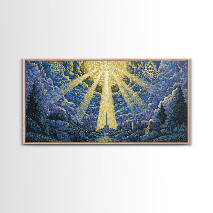 Mystic Mountain Valley With Divine Light Framed Canvas Print, Spiritual Wall Art, Blue Nature Decor, Celestial Home Office