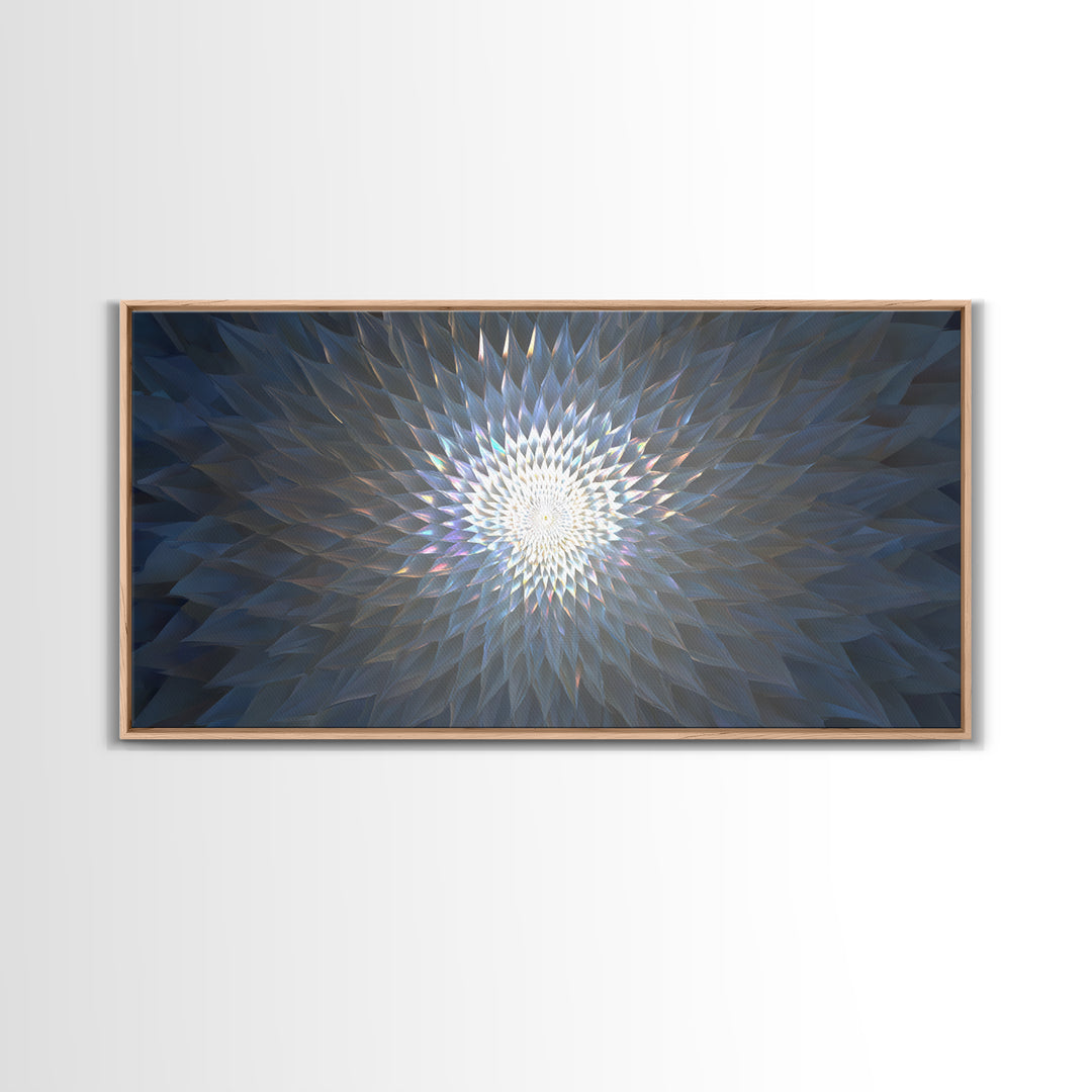 Blue Crystal Radial Mandala Framed Canvas Print, Modern Abstract Wall Art, Geometric Light Decor, Serene Home Office Decor