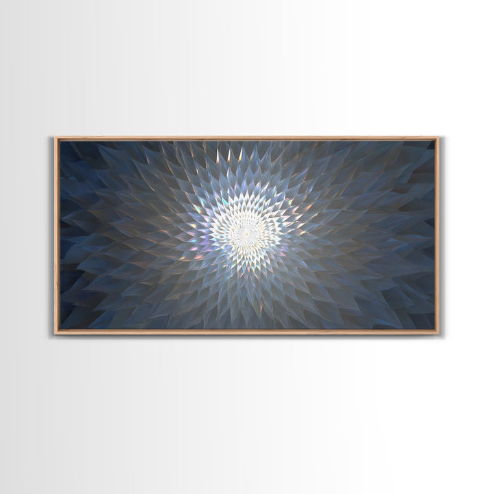 Blue Crystal Radial Mandala Framed Canvas Print, Modern Abstract Wall Art, Geometric Light Decor, Serene Home Office Decor
