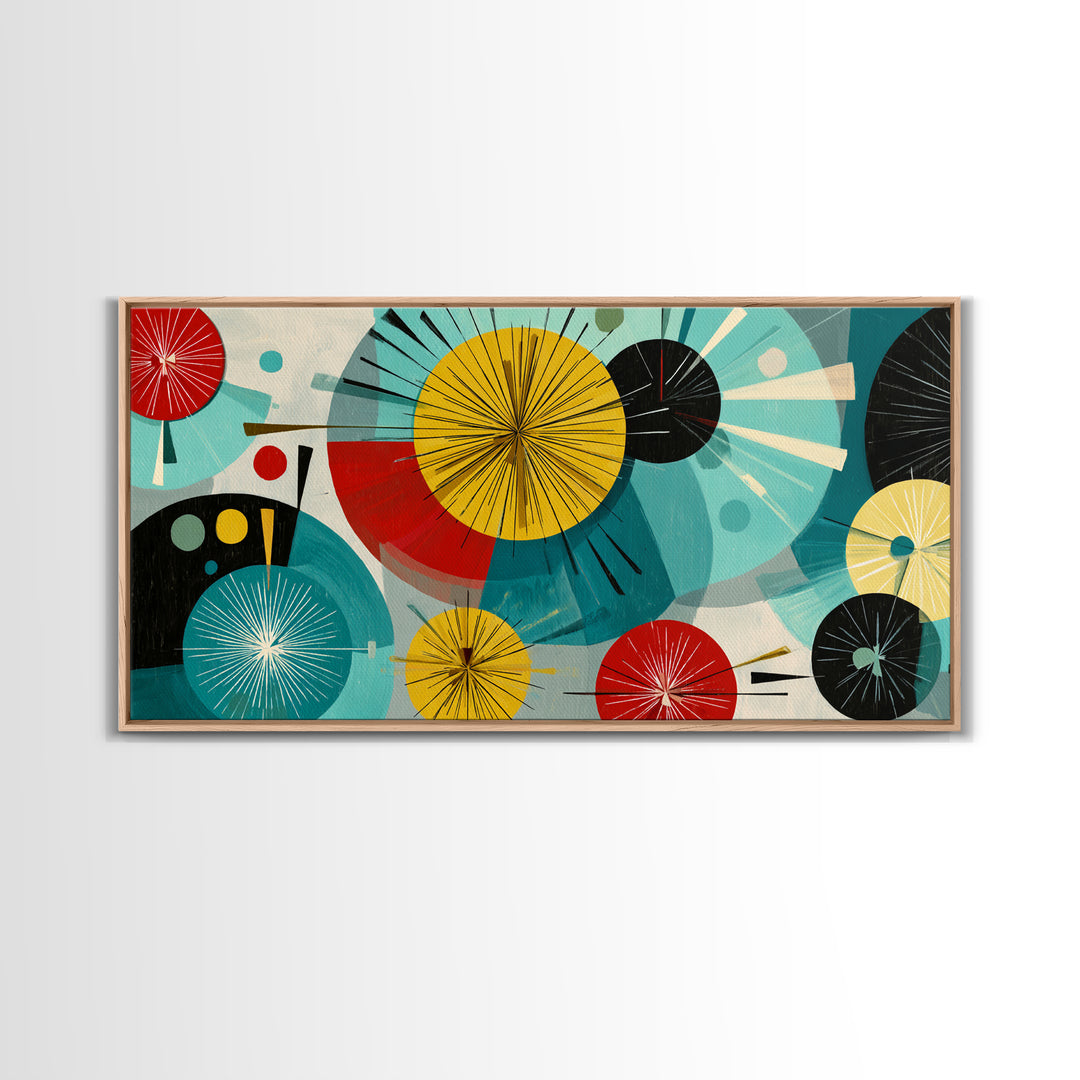 Teal Red Yellow Atomic Circles Wall Art, Midcentury Modern Abstract Art Print, Bauhaus Geometric Decor, Retro Home Office