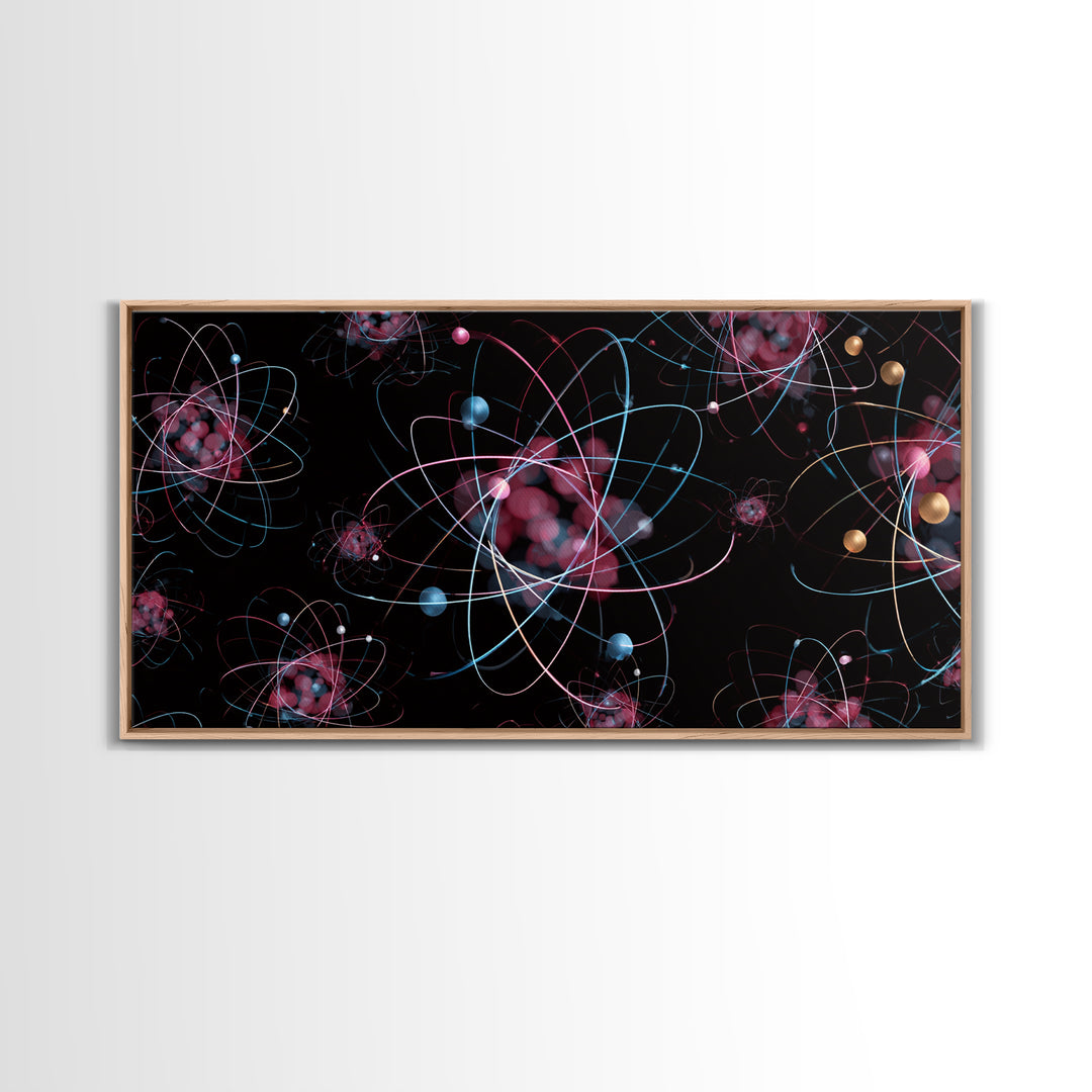 Glowing Pink Atomic Orbits On Black Wall Art, Midcentury Modern Abstract Print, Retro Space Decor, MCM Gallery Wall Home Decor