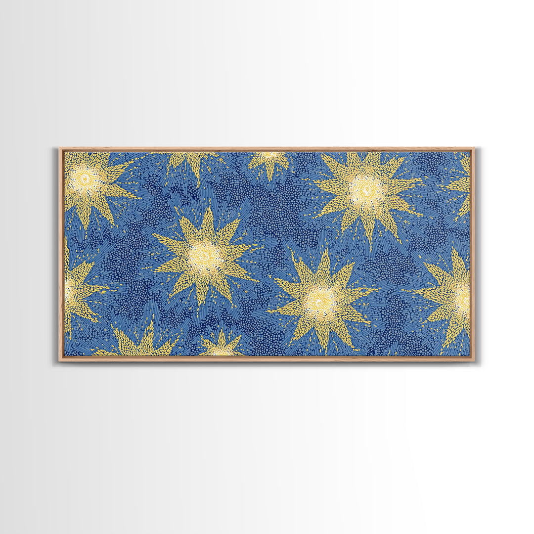 Blue Yellow Atomic Starbursts Canvas Print, Midcentury Modern Wall Art, Retro Space Decor, Bold MCM Gallery Wall Poster Print