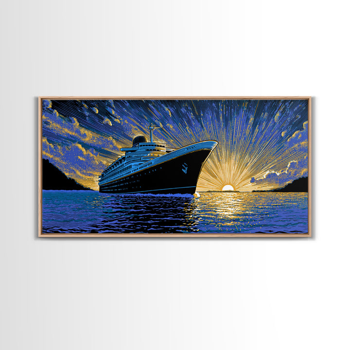 Dramatic Cruise Ship Sunset Canvas Print, Retro Travel Poster, Ocean Liner Wall Decor, Blue Gold Nautical Living Room Art