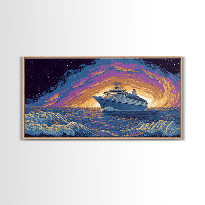 Starry Cruise Ship Vortex Canvas Print, Retro Futuristic Ocean Poster, Purple Orange Wave Wall Decor, Cosmic Nautical Art