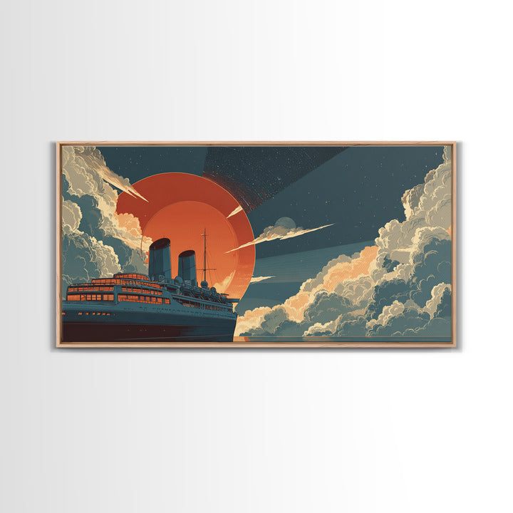 Ocean Liner Red Sun Wall Art, Retro Futuristic Steamship Poster, Art Deco Clouds, Nautical Travel Decor For Living Room Art