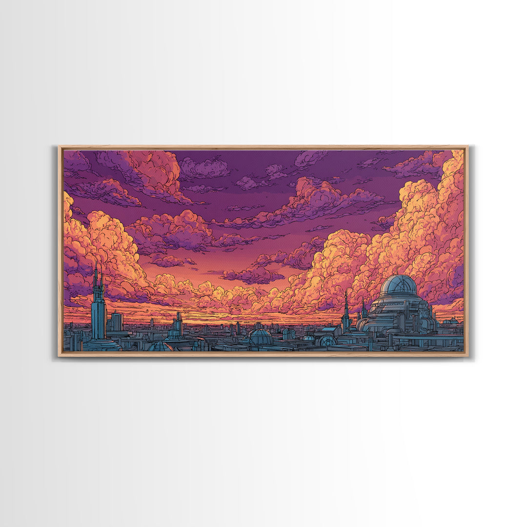 Purple Sunset City Skyline Canvas Print, Retro Futuristic Architecture Poster, Cloudscape Wall Decor, Modern Urban Home Art