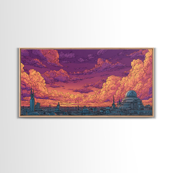 Purple Sunset City Skyline Canvas Print, Retro Futuristic Architecture Poster, Cloudscape Wall Decor, Modern Urban Home Art