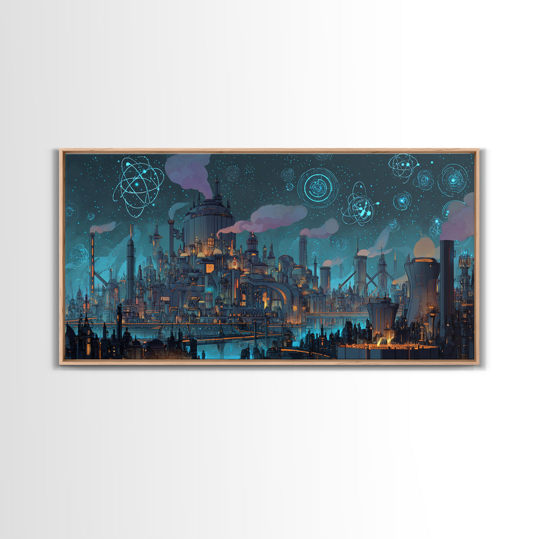 Teal Atomic Industrial Futuristic City Skyline Wall Art, Midcentury Modern Art Print, Retro Sci Fi Office Decor Poster Gift