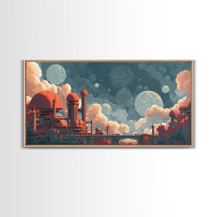 Coral Domed Retro Futurist Cloud City Canvas Print, Midcentury Modern Wall Art, Atomic Space Age Living Room Decor Poster Gift