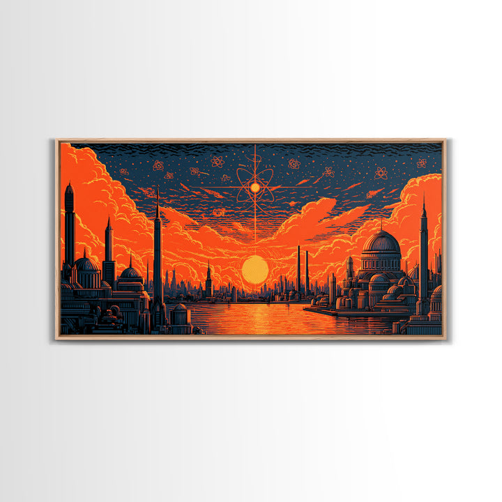 Orange Atomic Sunset Futuristic River Skyline Wall Art, Midcentury Modern Poster, Retro Sci Fi Cityscape Home Office Decor