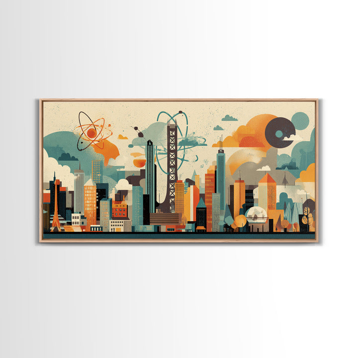Collage Atomic Bridge City Skyline Canvas Print, Midcentury Modern Wall Art, Geometric Retro Poster, Colorful Office Decor